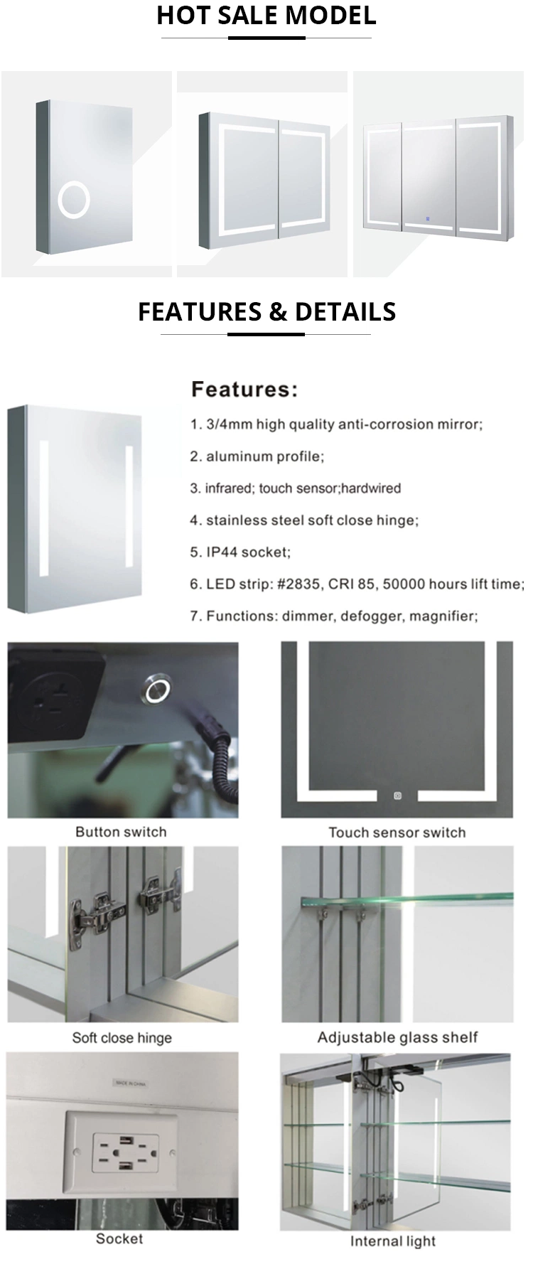 Jinghu Wholesale Factory Recessed Surface Mount Bathroom Doblle Side Mirrors Medicine Cabinet Aluminum Profile LED Mirror Cabinet