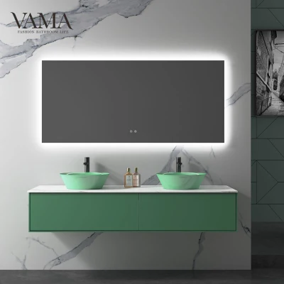 Vama エメラルドグリーンのモダンなデザインキャビネット壁掛け洗面化粧台ダブルシンク付き
